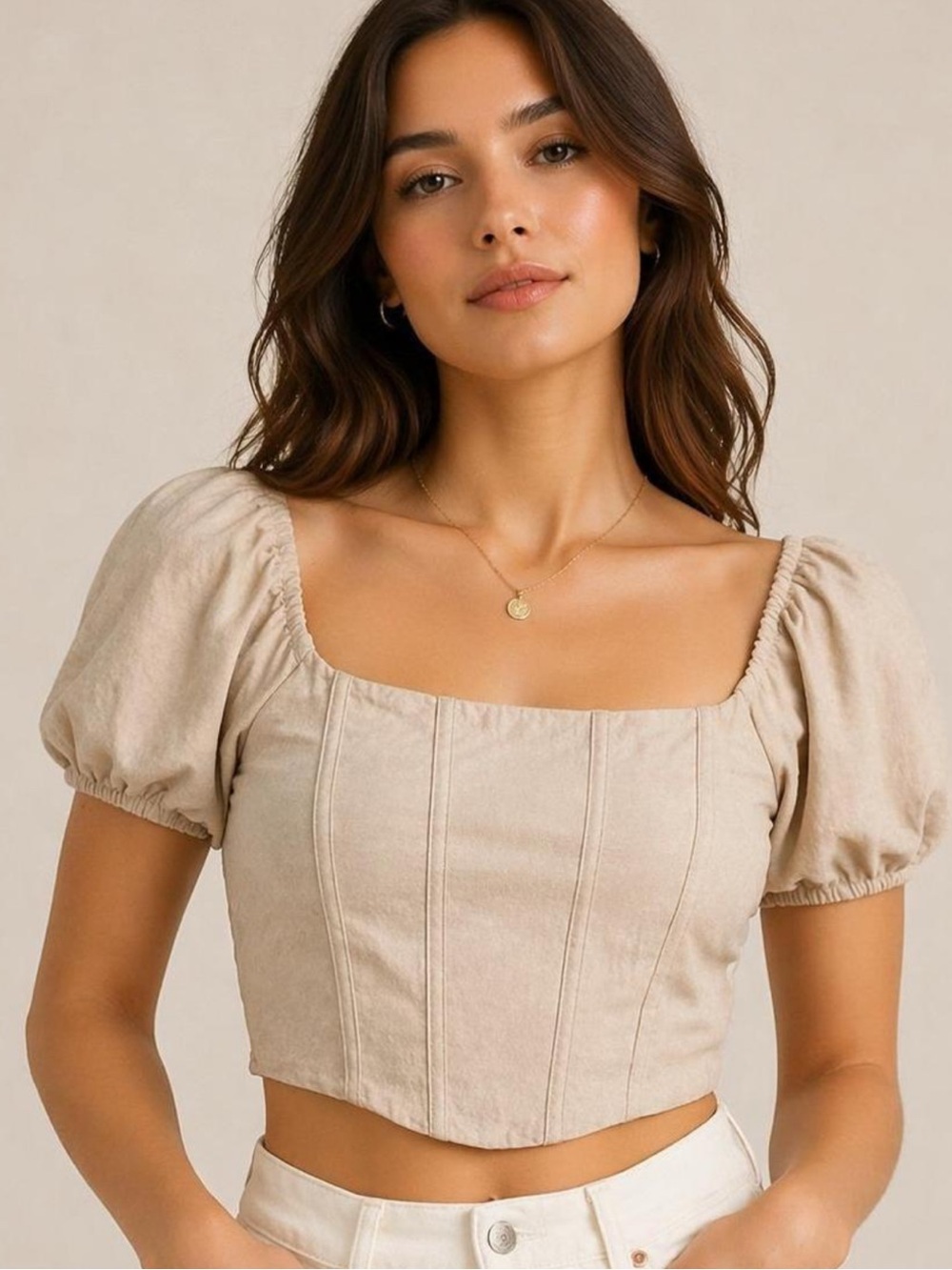 Kirious Los Angeles Blouse Summer New Smocked Corset Top Tan XL